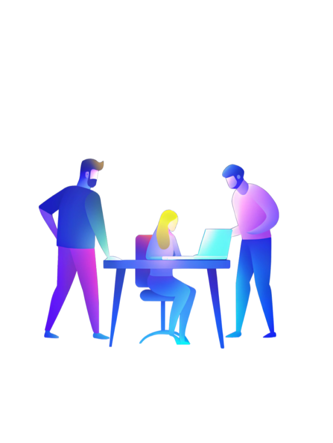 Illustration of three people working around a laptop.